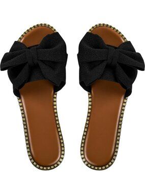 Women's Black Leather Bow Knot Slides Open Toe Flat Summer Slip On Sandals